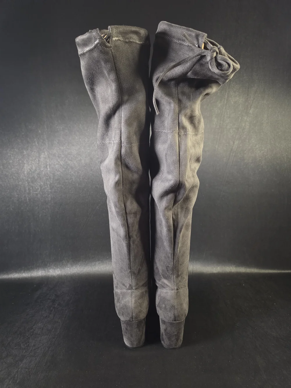 Womens Gray Over The Knee Boots Size 8.5 Block Heel Tie Back Stretch Thigh High